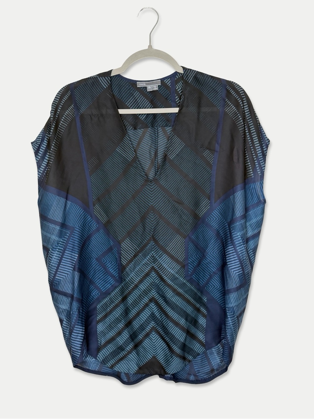 Vince XS Blue Black Geometric Print Oversized Draped Cocoon Blouse Top